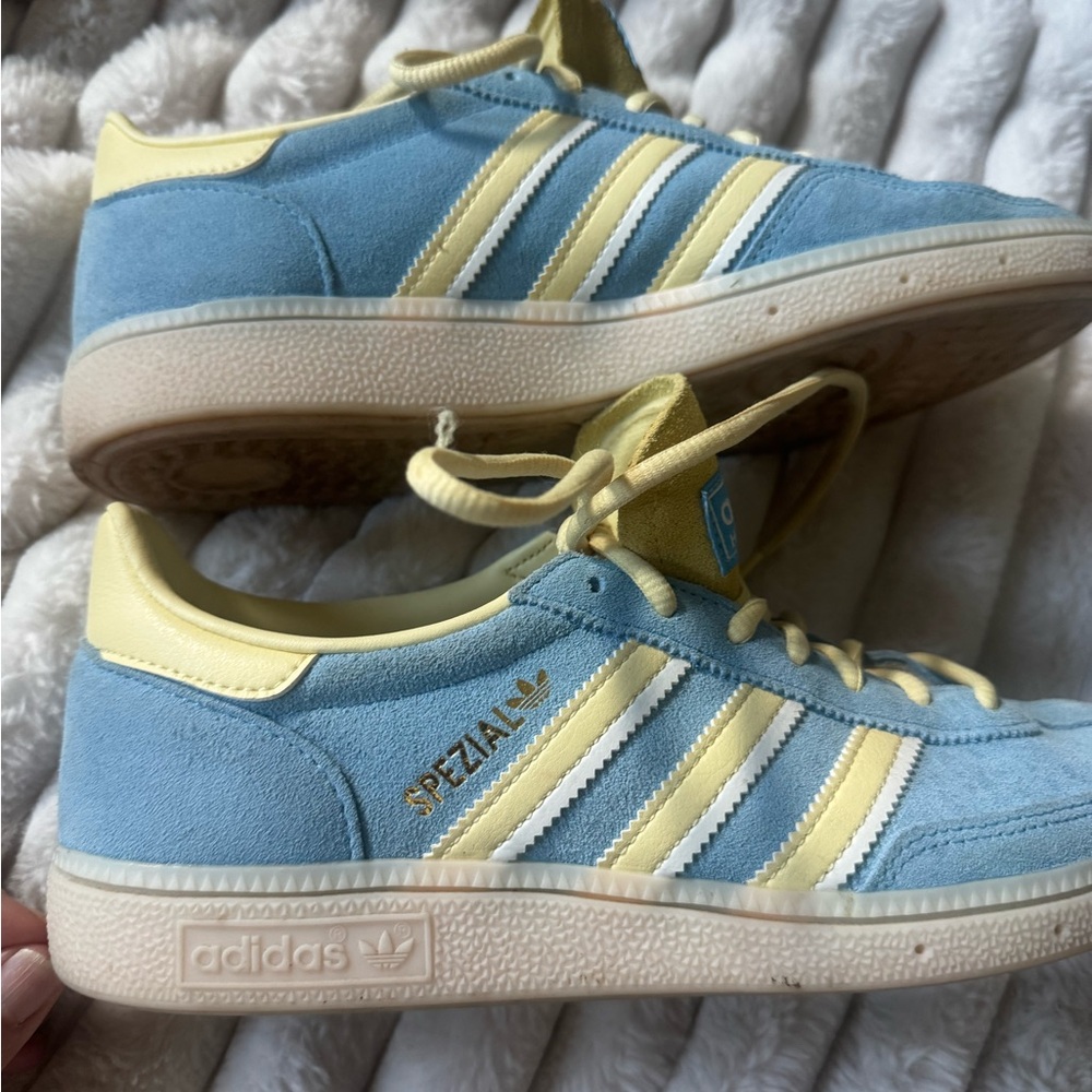 adidas Handball Spezial Suede Sneakers in Light Blue and Cream/ yellow